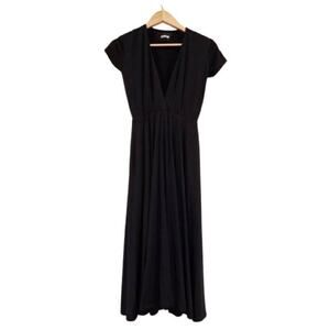 Reformation deep V black midi dress with short sleeves